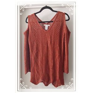 NWOT~Massey's Rust & Gold Glitter Long Sleeve Cold Shoulder Sweater Sz Medium